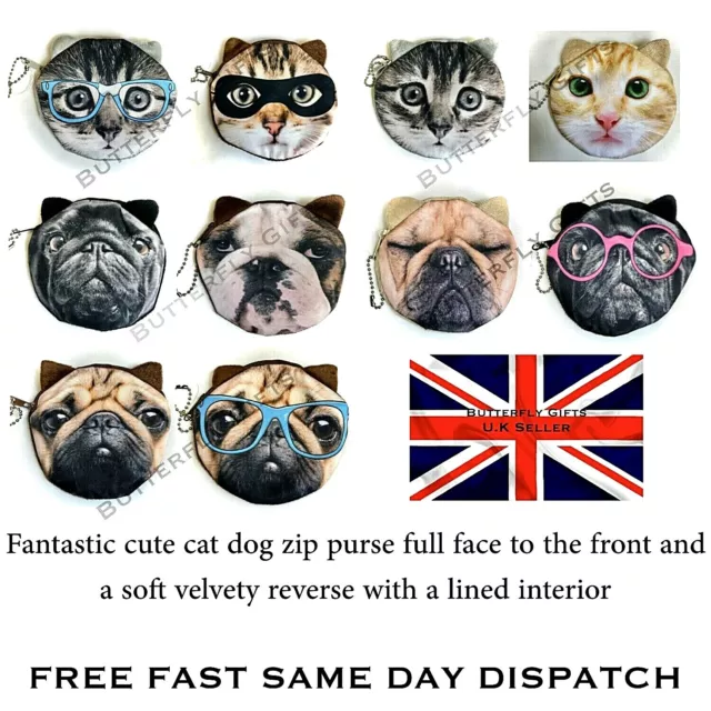 Cat Dog Coin Purse with Ears Gift Idea Cute Pug, Dog, Ginger Cat Pug in Glasses
