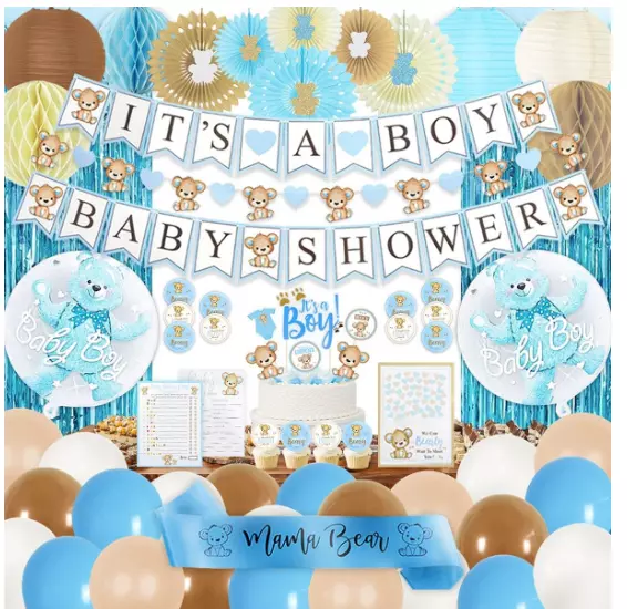 210 PC Teddy Bear Baby Shower Decorations for Boy Kit- It's a Boy Pre-Strung Ban