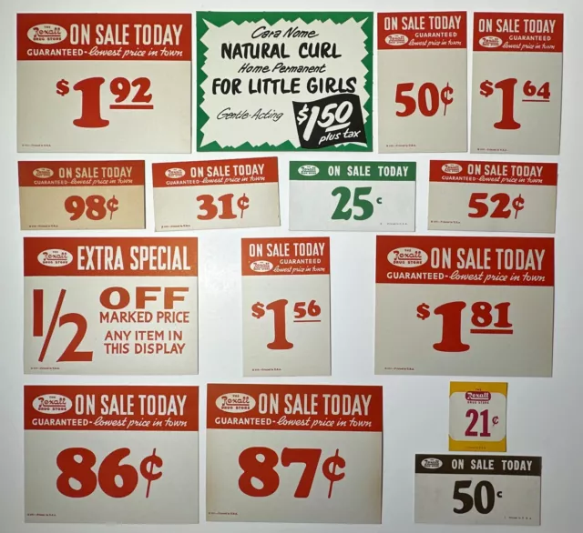 Vintage REXALL DRUG STORE Sale Signs Shelf Tag Price Point Home Permanant 15pc