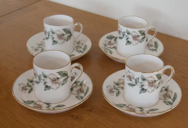4 x Vintage Crown Staffordshire Christmas Rose Demitasse Coffee Cups and Saucers