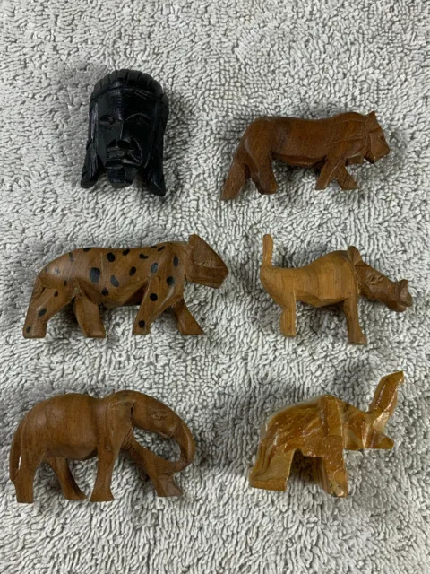 Menge 6 handgeschnitzte Holz Tier Figuren Miniatur Elefant Löwe Maske Gepard