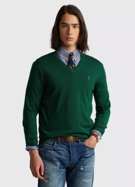 NWT Polo Ralph Lauren Slim Fit Laine mérinos Vert Col en V Pull pour homme...