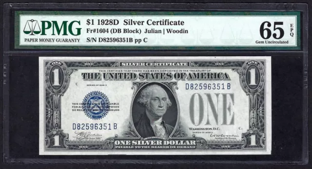 🇺🇸 "Key Note" 1928D $1  ♚♚Silver Certificate♚♚  Pmg Gem Unc 65 Epq