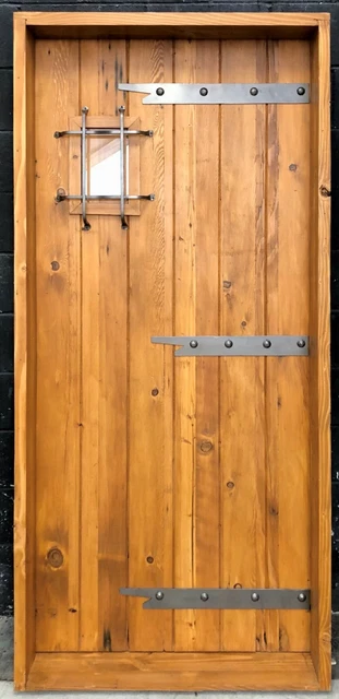 Rustic reclaimed lumber square top door solid wood wine cellar castle iron cage 2