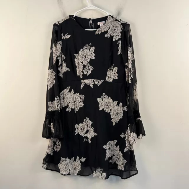 Xhilaration Women Medium Dress Black White Floral Woven L/S Lined Pullover 19397