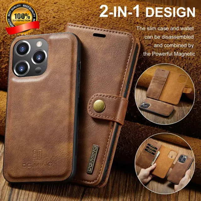 For iPhone 15 14 13 12 11 Pro XS 8 7 SE 2 in1 Magnetic Leather Wallet Case Cover