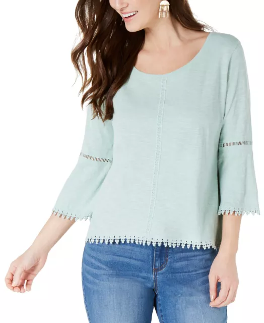 Style & Co Women's Petite Crochet-Trim Bell-Sleeve Top (PXS, Mint Ice)