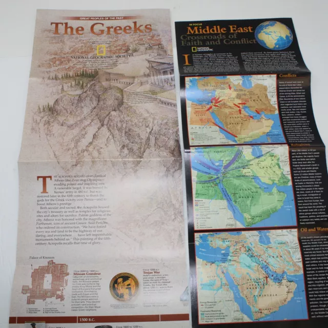 2 National Geographic Map Inserts Vintage "The Greeks" and "Middle East"