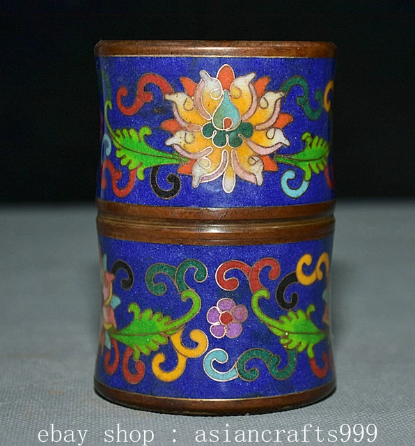 4" Qianlong Marked Chinese Cloisonne Enamel Bronze Flower Bamboo Shape Brush Pot