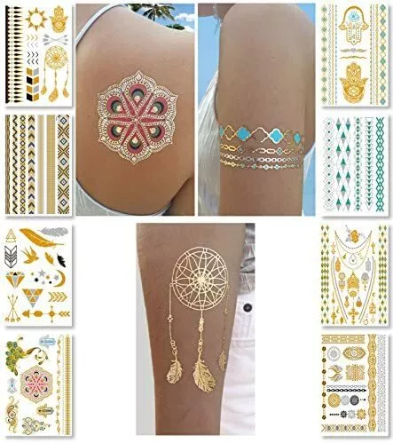 Metallic Temporary Transfer Tattoos For Women Teens Girls 8 Sheets Gold Silver