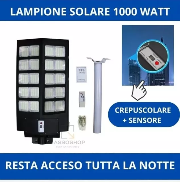 Lampione Stradale   1000W Con Pannello Solare Telecomando Crepuscolare + Staff