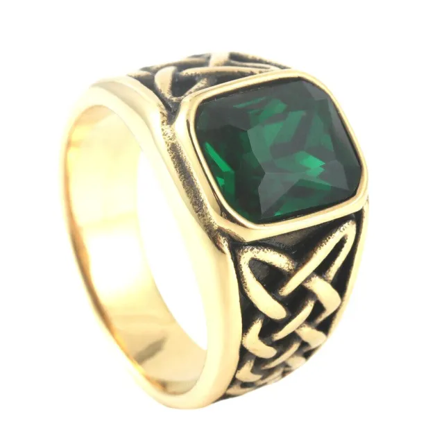 Vintage Celtic Knot Green CZ Viking Wedding Ring Stainless Steel Men's Ring Gold