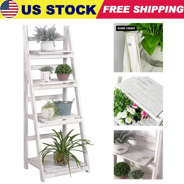 FOLDABLE 4 TIER Ladder Bookshelf Rack Vintage Plant Stand Display Shelf
