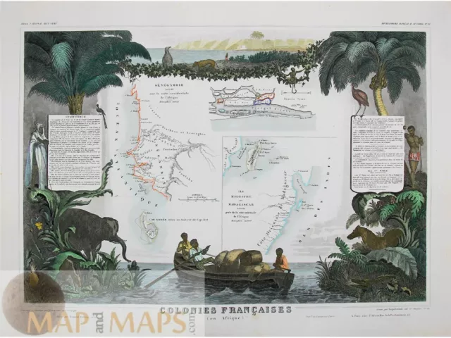 Colonies Françaises, Afrique, Senegal Madagascar. Africa map Levasseur 1856