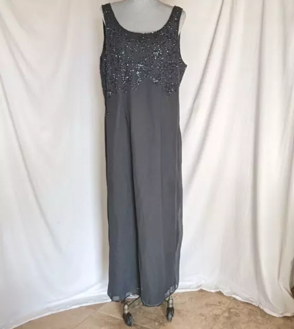 J Lazmi 2 pc w outside sheered maxi jacket sequence gray party formal dress 2x