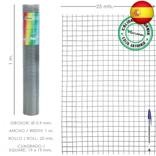 Malla Electrosoldada Ligera Galvanizada 19x19 Alto 100 cm. Rollo 25 Metros Uso