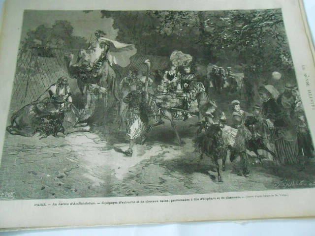 1872 engraving - Au Jardin Crews d'Ostriches & Dwarf Horses Walk