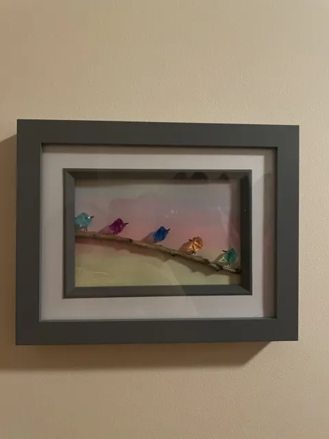 Framed Pebble Picture, Sea Glass Birds On A Branch, Home Decor Wall Art, Gift
