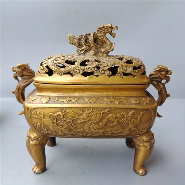 Marked Chinese Old Bronze Dragon Dragons Fu Foo Dogs Lion Incense Burners Censer