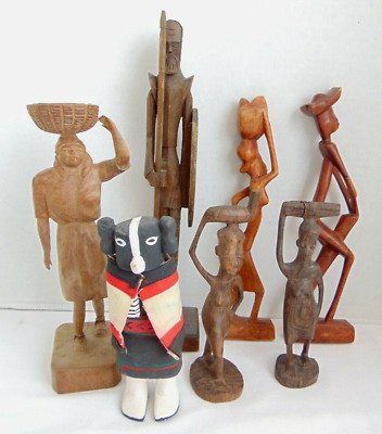 Vtg Hand-Carved African Art Sculptures Assorted (Defected) Lot 6"-13" in Statues