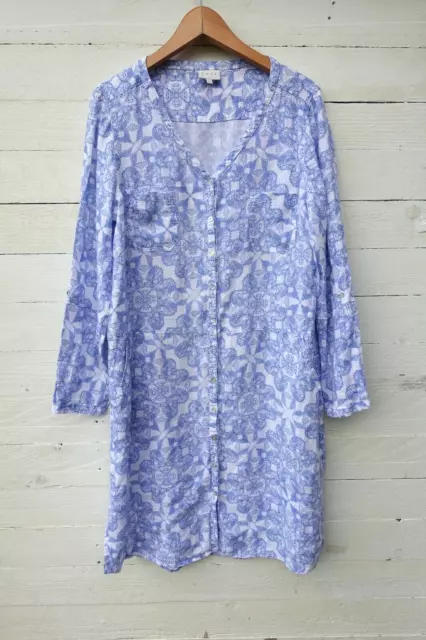 East dress 100% linen blue white floral Paisley buttoned drop waist L UK 16