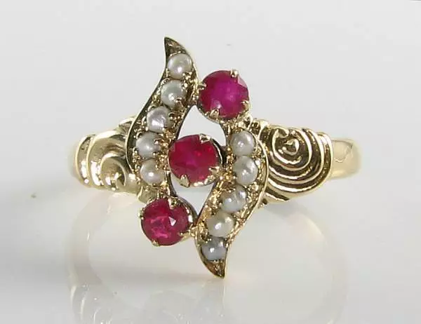 Unusual 9K 9Ct Gold Indian Ruby &  Pearl Wave Swirl Art Deco Ins Ring Free Size