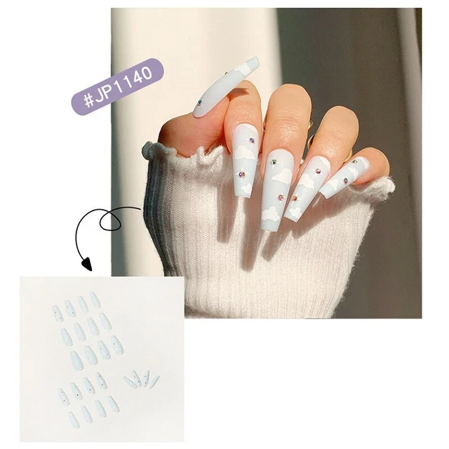 Light Blue Long Coffin Full Artificial False Nails Fake Nails Cute Cloud Pattern