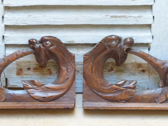 Pair Antique French Hand Carved Solid Wood Trim Parts Gothic Chimera Salvage