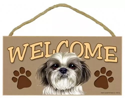 Shih Tzu Cute Welcome Dog Sign with Paw Prints 10"x5" NEW Wood Plaque A79