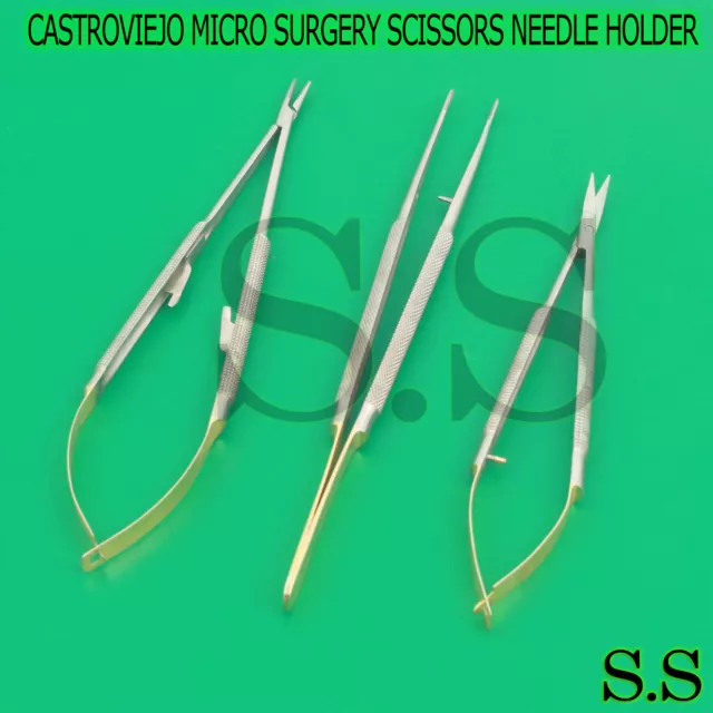 3 Castroviejo Micro Scissors Needle Holder Curved TC Forceps Dental Eye S EY-003