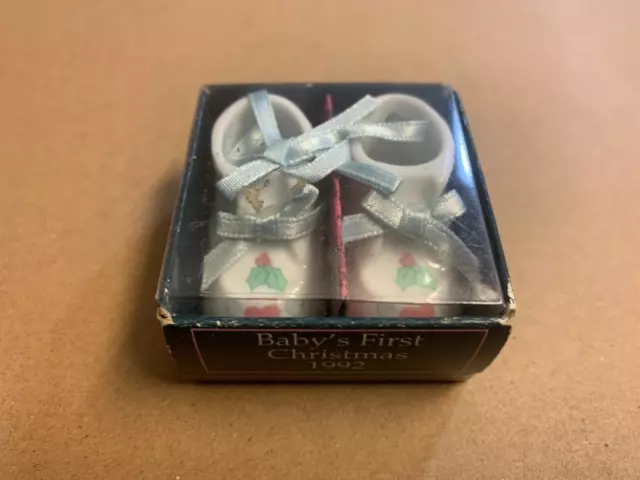 Enesco 1992 Baby's First Christmas Shoes Porcelain Ornament Precious Moments MIB