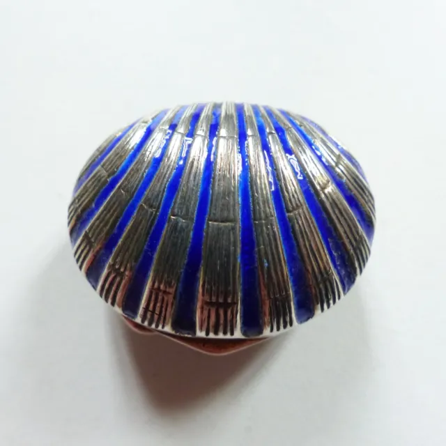 Superb Antique Vintage Real Size Solid Silver 800 Blue Enamel Shell Pill Box