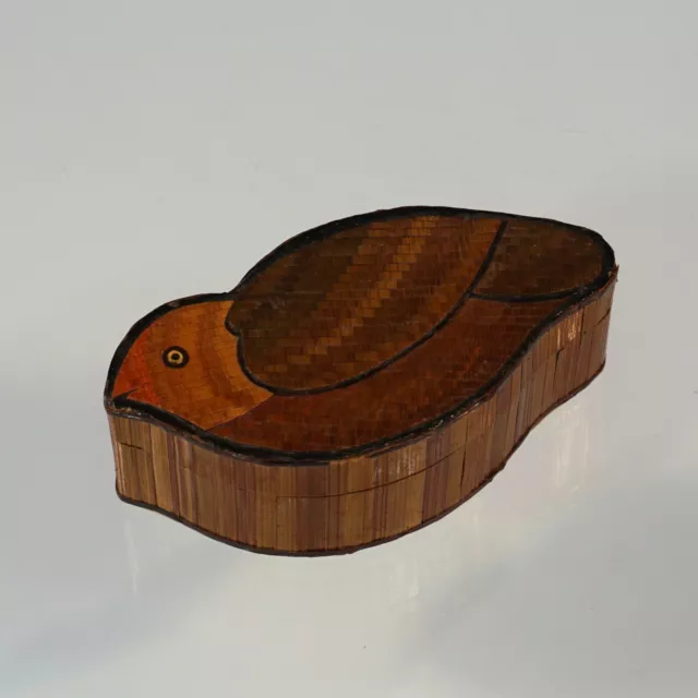 Wood And Bamboo Straw Bird Trinket Jewelry Box Marquetry Inlay Lidded Lined