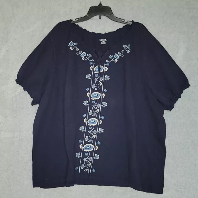 Liz & Me Tunic Top Shirt Womens 4X Blue Embroidered Short Sleeves Crew Tie Neck