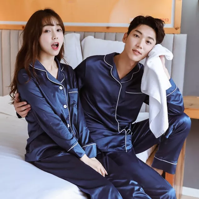 Couple Men Women Silk Satin Pajamas Sets Long Sleeve Pyjamas Sleepwear Nightwear