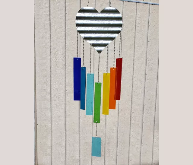 Rainbow Heart Glass Wind Chimes, Stained Glass, Handmade in North Carolina 2