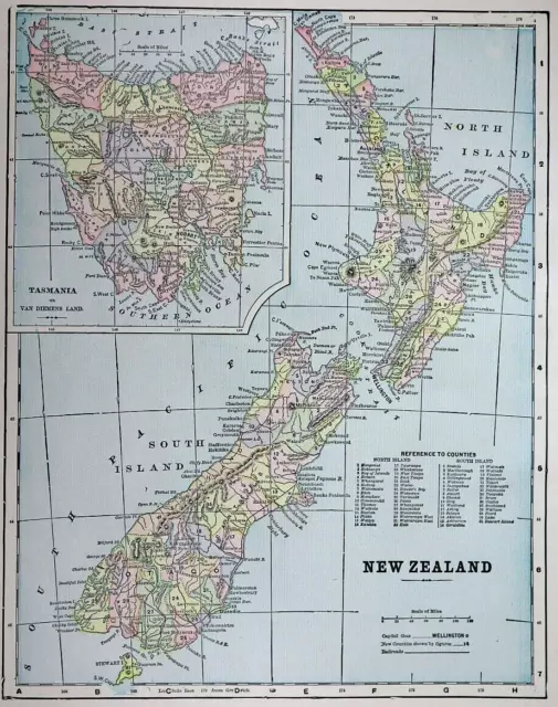 Old (11x14) 1899 Cram's Map ~ NEW ZEALAND - TASMANIA ~ Free S&H   ~Inv#533