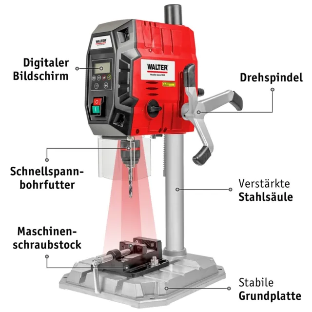 WALTER Tischbohrmaschine 900 W, digitale Anzeige, Arbeits-LED & Kreuzlinienlaser 2