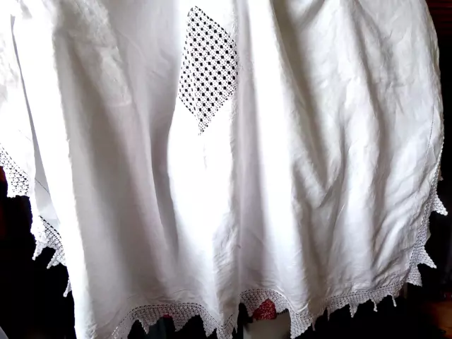 Vintage Large White Linen Tablecloth HAND CROCHETED LACE at centre and edge
