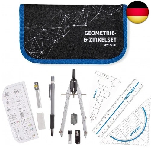 DynaTech Zirkel Set Geometrieset 13-Teilig mit Zirkel, Geodreieck, Parabel,