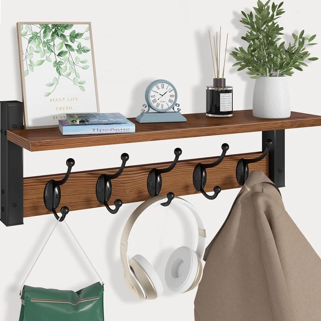 Coat Rack Wall Mount with Shelf (17’’L), Clothes Hooks Wall Mounted with Wood Sh