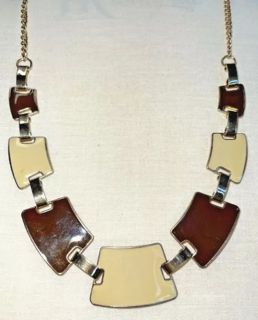 Charming Charlie Necklace Retro Statement Gold Brown Cream Enamel Necklace