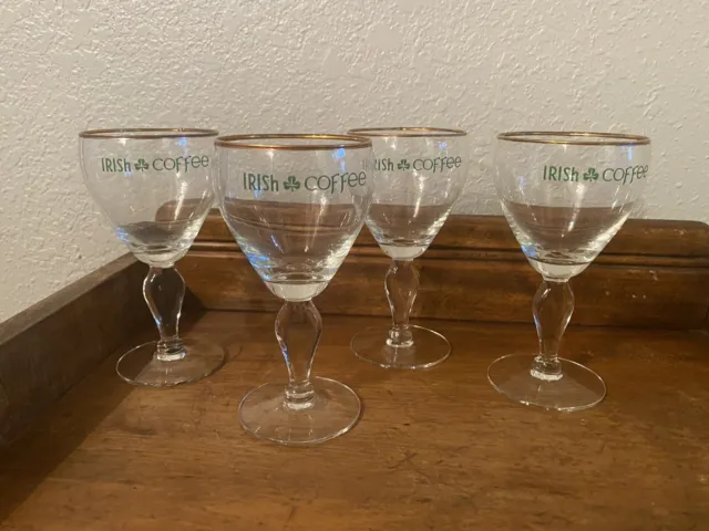 Vintage Irish Coffee Glasses Wine Goblets Style Shamrock Gold Rim Set Of 4