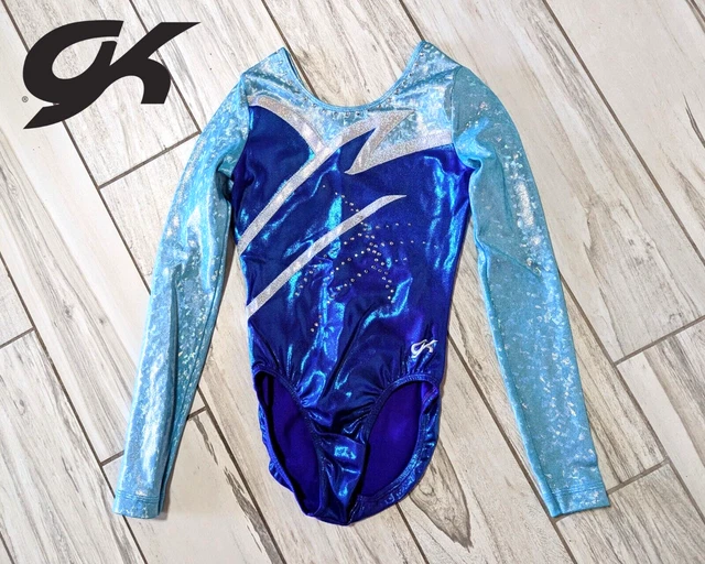 COMPETITION GK Elite gymnastics Leotard AS Small Teal Blue RHINESTONES Holograph