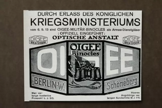 WIZ14a) Reklame OIGEE Berlin Schöneberg Fernglas Binocles 1914 Werbung 10x8cm