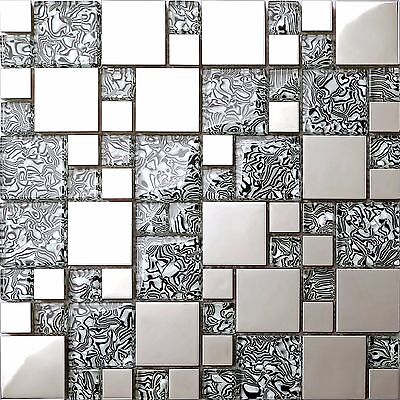 MT0002 x 3 3-er Pack Gebürstete Edelstahl Glas Mosaik Fliesen schwarz silber 