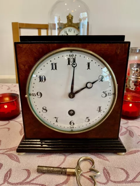 1913 Beautiful Antique Bauhaus Lenzkirch  Mantel Clock Burl Walnut Single Train 2