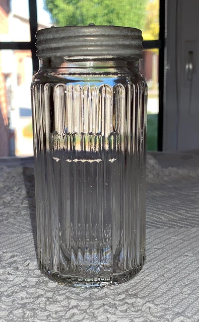 Vtg 5"Round CLEAR GLASS Ribbed HOOSIER SHAKER Jar Canister DOMINION GLASS Canada