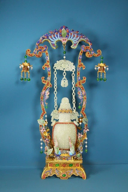 Chinese Exquisite Handmade Gilt Inlaid Hetian Jade Chain Bottle Bat and Bird