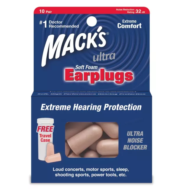 Macks Safesound Ultra - Soft foam earplugs - 10 Pairs - Free Travel Case